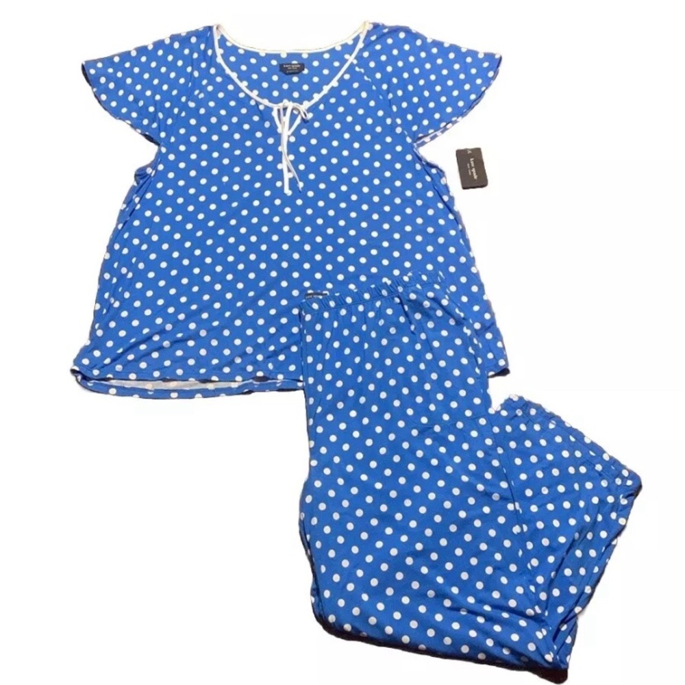 Kate Spade Pajamas 2-Piece Top Pants Set Sz 2X Blue White Polka Dot NWT